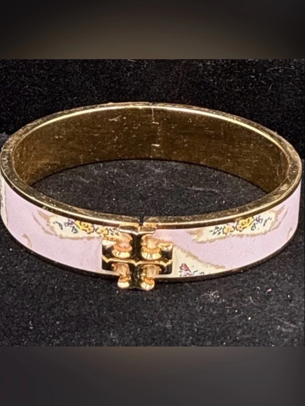 Tory Burch Gold and Light Pink Kira Floral Enamel Logo Hinge Bangle